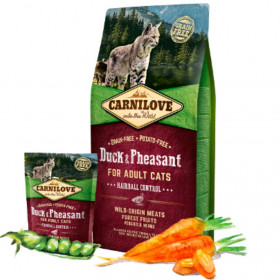 Пълноценна суха храна за котки Carnilove Duck & Pheasant Adult cats със 34% патешко  и 22% месо от фазан, БЕЗ ЗЪРНЕНИ КУЛТУРИ